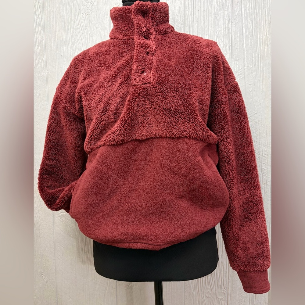 All in Motion Pullover Sweatshirt Women's Snap Front Cozy Sherpa Burgundy Sz XS